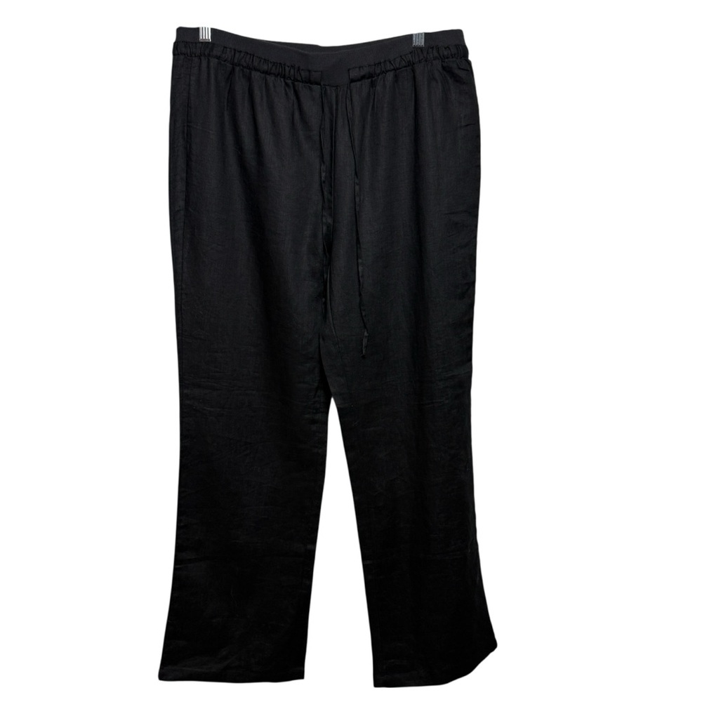 ELLEN TRACY 100% Linen Wide Straight Leg Pants Boho Summer Casual Black SZ L